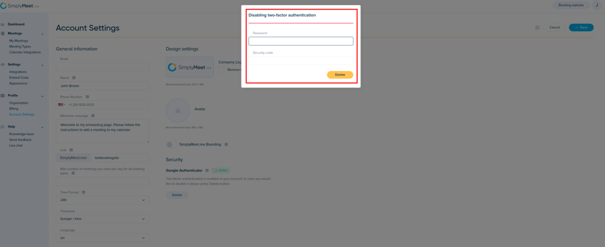 Simplymeet 2fa disabling confirmation in account settings.png